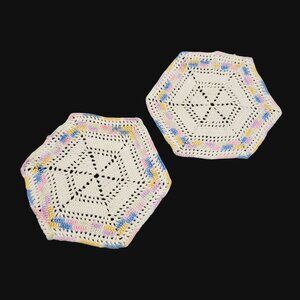 Handmade Crochet Hexagon Trivets Doilies Pastel Rainbow Border Cotton Set of 2